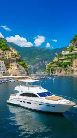 Elegant White Yacht Sailing in Vibrant Cove | Mountainous Vistas