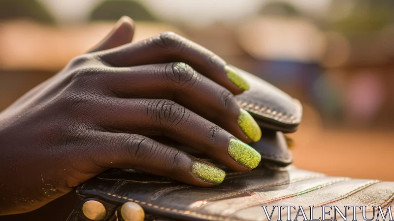 Enigmatic Close-Up: Dark-Skinned Hand with Green Glitter Nail Polish AI Image