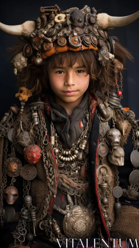 Somber Boy in Traditional Costume: Post-Apocalyptic Photo by Jai Raham AI Image