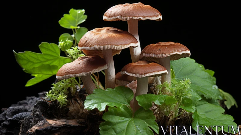 AI ART Surrealistic Nature: Mushrooms Amidst Leaves on Bark