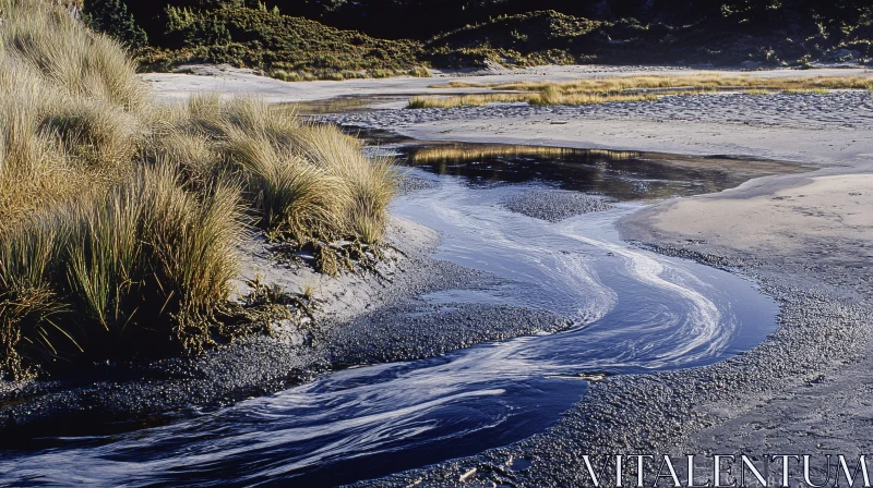 AI ART Tranquil River Flowing through Grassy Terrain