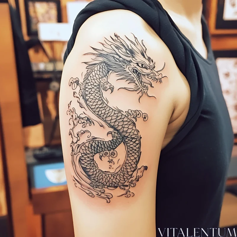 Detailed Black Ink Dragon Tattoo on Upper Arm AI Image