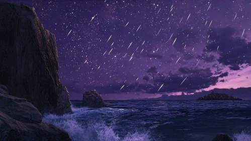 Nighttime Meteor Shower by the Sea