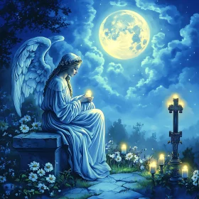 Moonlit Angel with Glowing Candle