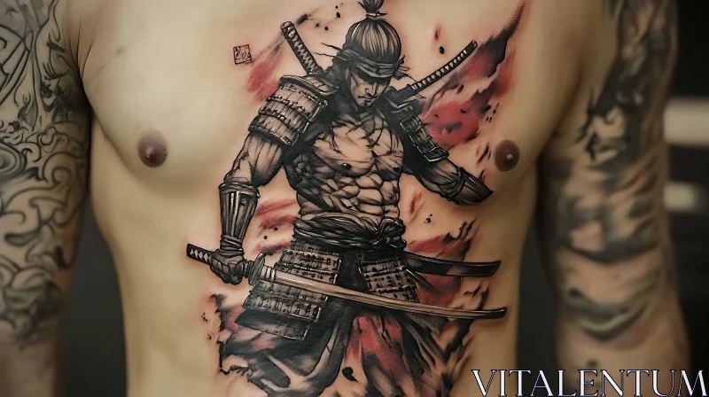 Samurai Warrior Chest Tattoo with Swords AI Image