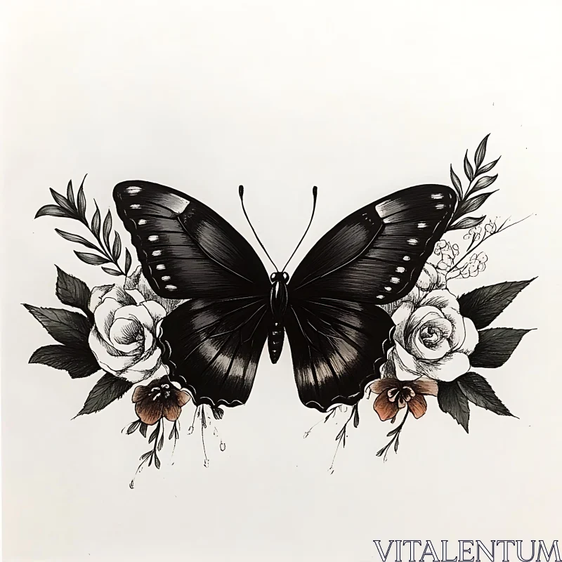 Intricate Butterfly Illustration with Flowers AI Image