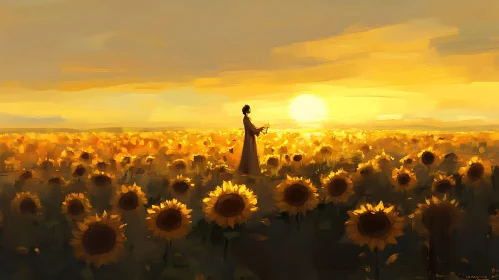 Woman in Sunflower field at Sunset