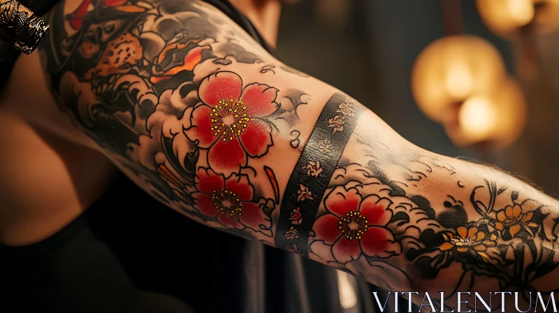 Traditional Japanese Art-Inspired Floral Tattoo AI Image