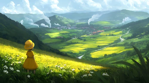 Girl in Yellow Dress Overlooking Green Valley