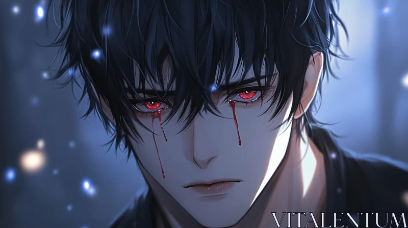 Emotional Anime Character with Bleeding Eyes AI Image