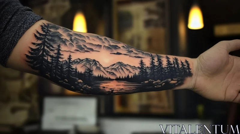 Mountainous Forest Sunset Tattoo on Arm AI Image