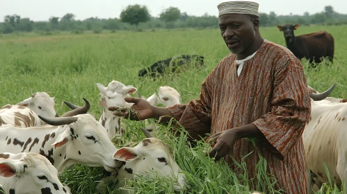 Man Feeding Cows in Pasture
