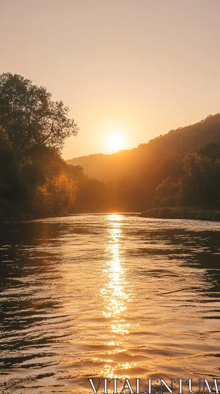 Golden Sunset Reflecting Over River in Nature AI Image