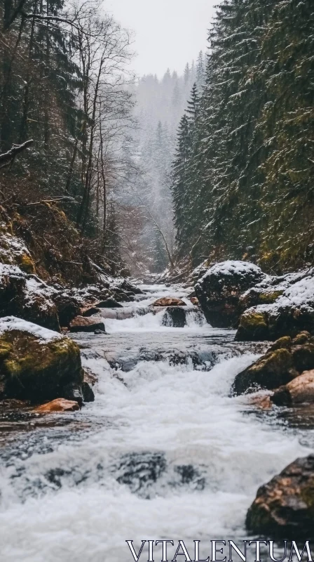 AI ART Tranquil Snow-Covered Forest Stream