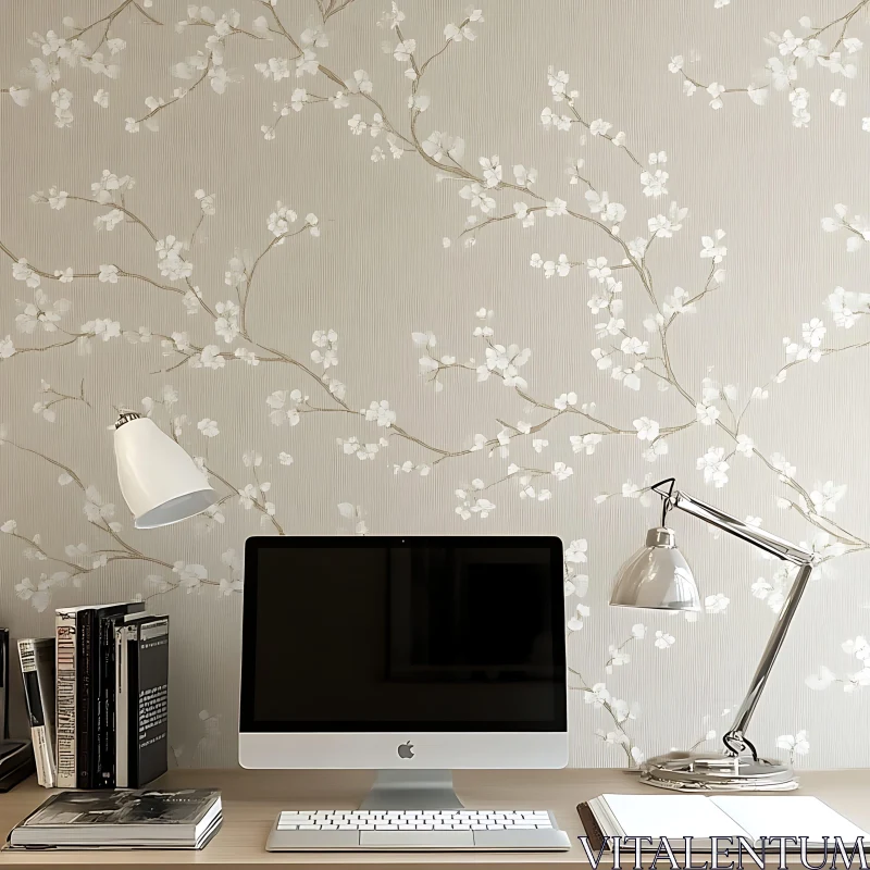 Stylish Home Office with Floral Wallpaper AI Image