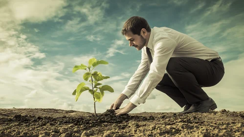 Man Planting a Seedling in Soil