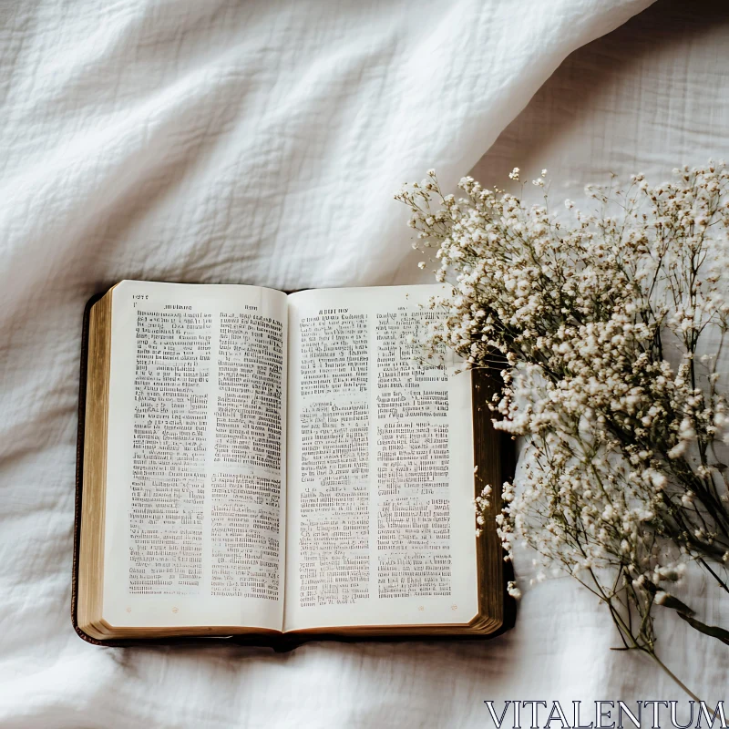 Vintage Book with White Flowers Arrangement AI Image