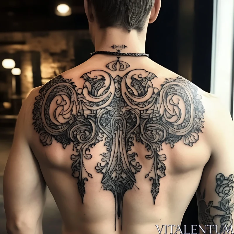 Detailed Back Tattoo with Floral Motifs AI Image