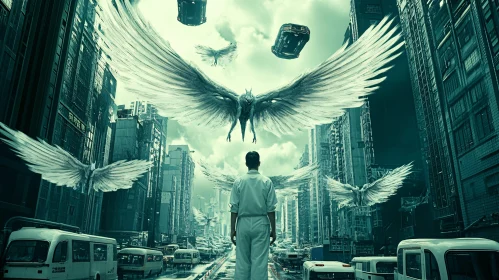 Futuristic Cityscape with Angelic Figures