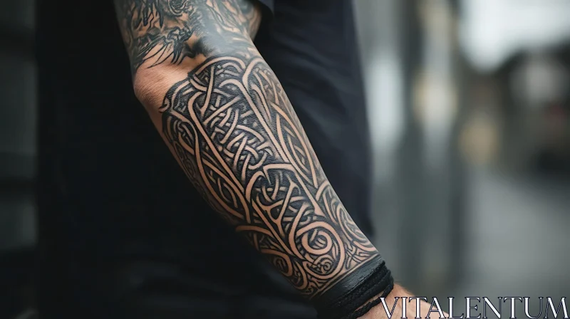 Elaborate Forearm Tattoo with Black Ink Patterns AI Image