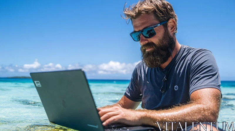 Man Working on Laptop by the Sea AI Image