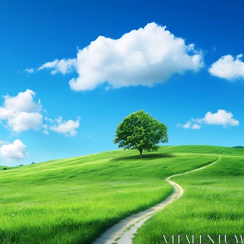 AI ART Lone Tree on Green Field Under Blue Sky