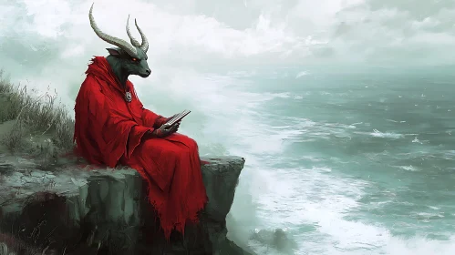 Cliffside Reader: A Horned Character's Solitude