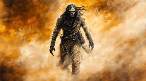 Skull Faced Warrior in Smoky Landscape