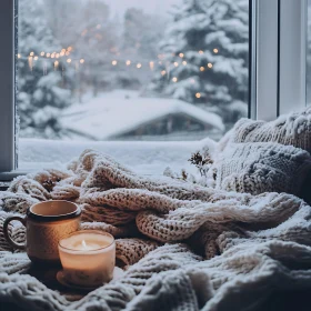 Winter Warmth: Candle and Coffee by Snowy Window