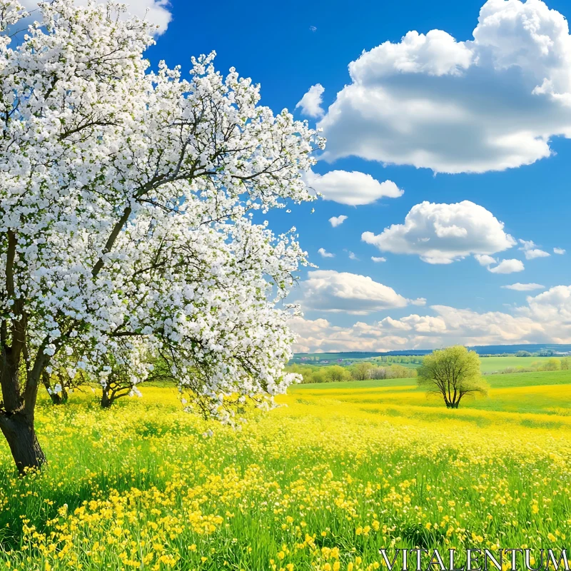 Spring Meadow with Flowering Tree AI Image