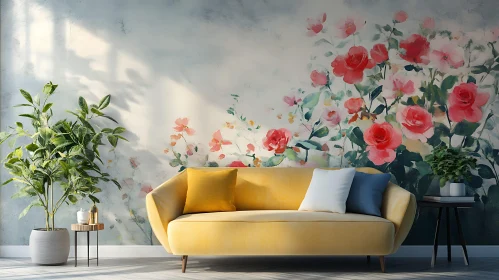 Cozy Living Room with Floral Wall