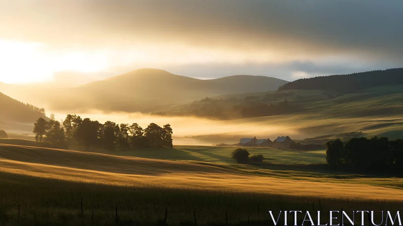 Ethereal Sunrise Landscape with Foggy Hills AI Image