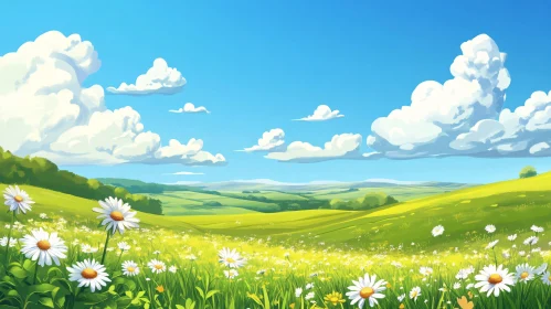 Lush Green Meadow with Daisies and Clouds