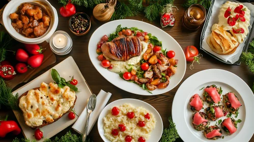 Christmas Dinner Table with Holiday Dishes