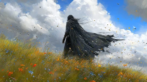 Black Figure in Wildflower Field