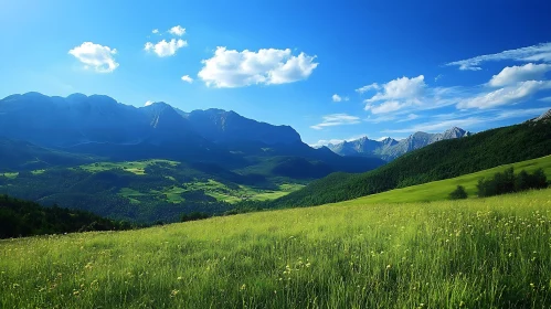 Lush Green Field Under Blue Mountain Sky