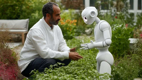 Man and Robot Exchange in Garden