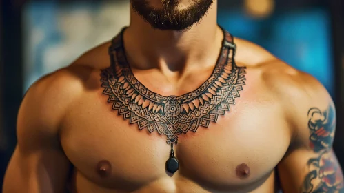 Ornate Geometric and Tribal Chest Tattoo Design