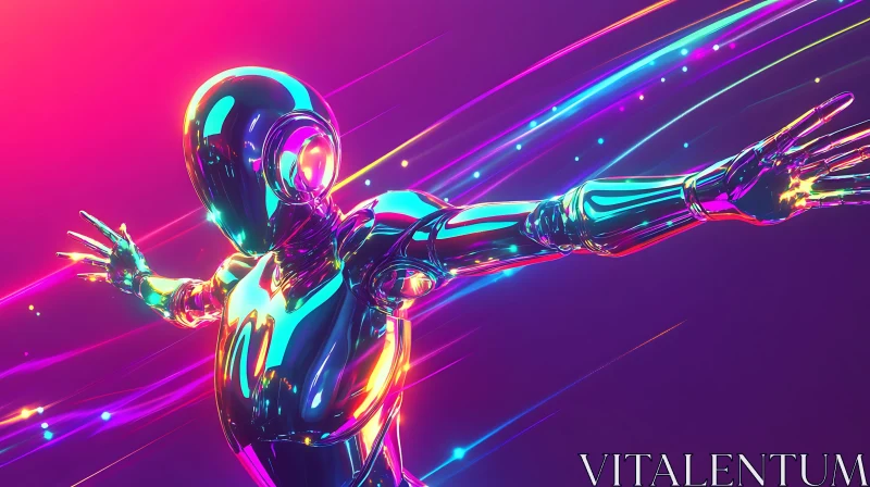 Futuristic Chrome Robot Amidst Neon Streaks AI Image