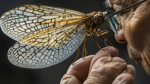 Man Interacting with Large Insect in Close-Up View