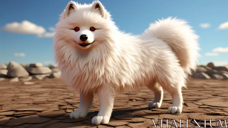 Anime-Influenced 3D Model of a White Dog in Desert Terrain AI Image