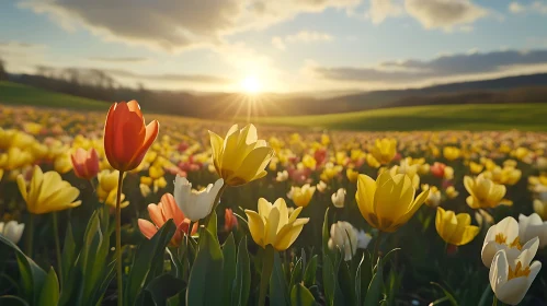 Sunset Over the Tulip Field