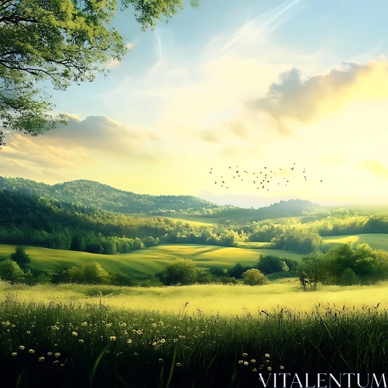 AI ART Green Hills and Meadow Scenery