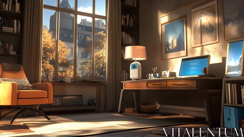 AI ART Sunlit Room with Desk and Bookshelves