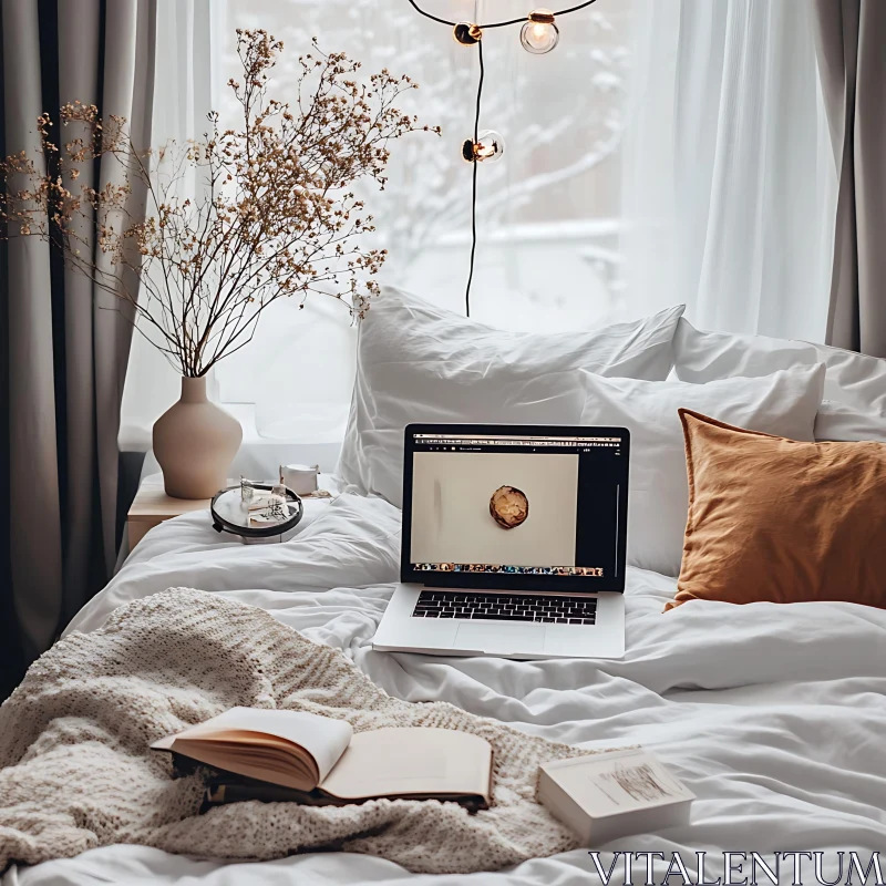 Minimalist Bedroom Scene with Laptop AI Image