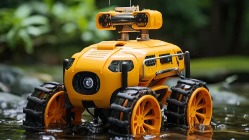 Eco-friendly Crafted Yellow Robotic Toy Vehicle on River