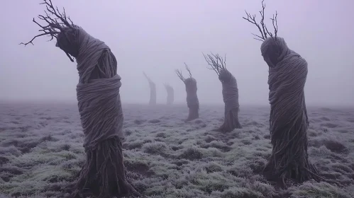 Mysterious Figures in Foggy Field