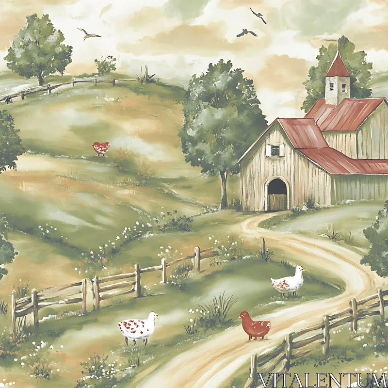 Pastoral Farmhouse with Roaming Chickens Artwork AI Image