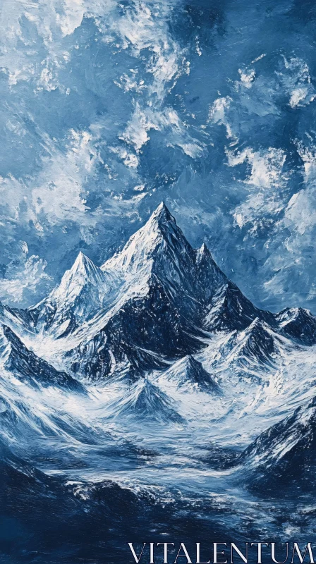 Serene High-Altitude Snowy Peaks under Tumultuous Clouds AI Image