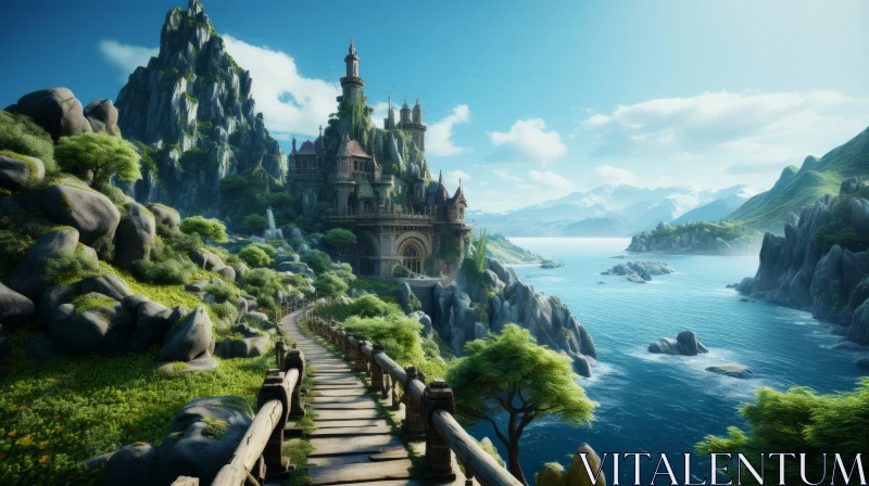 Fantasy Castle Overlooking a Serene Ocean - Green Academia AI Image